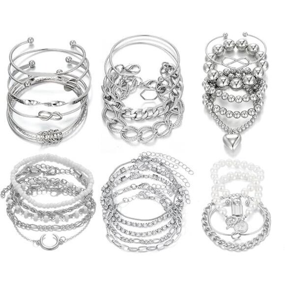 Stylish Silver Bracelet and Bangle Set – Multi-Layered Chain, Beaded & Cuff - Picture 8 of 8